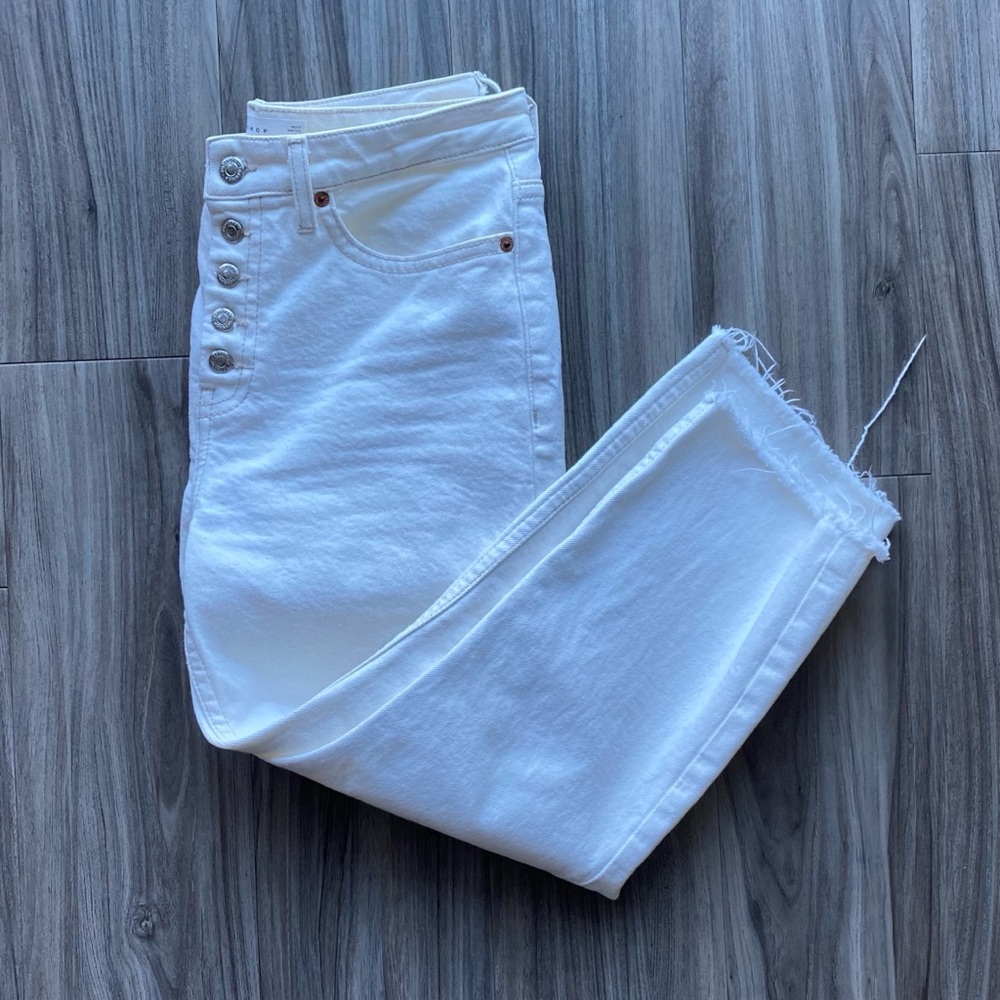 Topshop white raw hem exposed buttons jeans